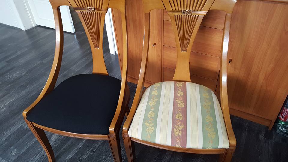 Ompolstring spisestole ør og efter billede.